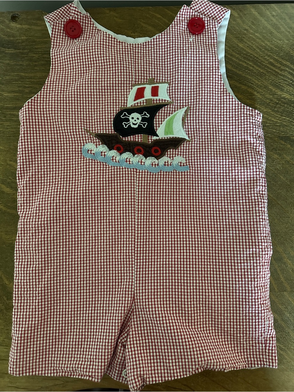 Red Gingham Baby Romper with Pirate Ship Appliqué